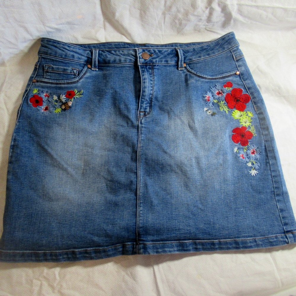 Denim Mini Skirt floral Emboidery  Workshop Republic size 14